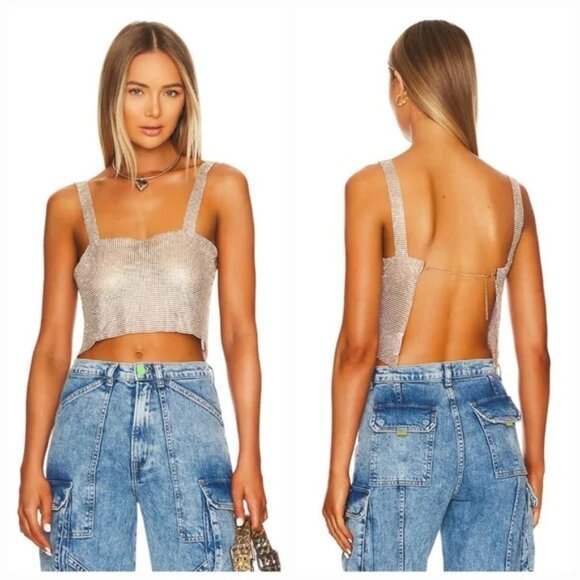 superdown Womens Mackenzie Crop Top in Gold X-Small New Crystal Chainmail Tank - Picture 12 of 12